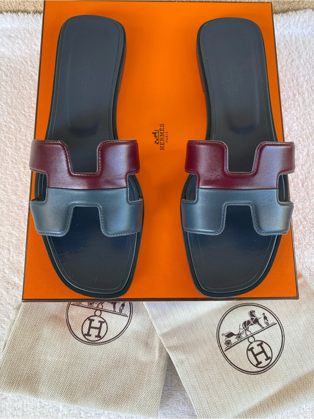 Hermès “Oran” Two-Tone H Slide Sandals — Bleu Grey & Burgundy